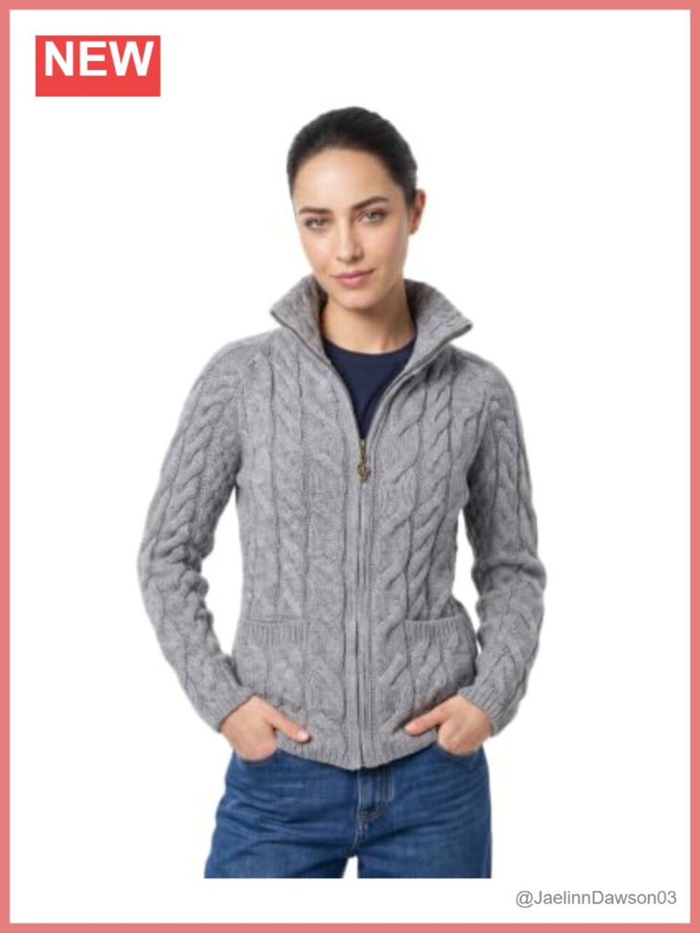 Merino Wool Zip Up Aran Cardigan Mock Neck Cable Knit Pockets